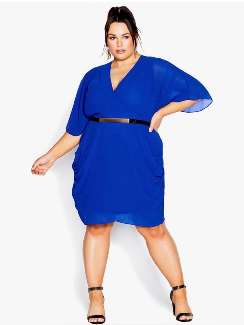 City Chic Cobalt Blue Chiffon Wrap Midi Dress with Slim Black Belt